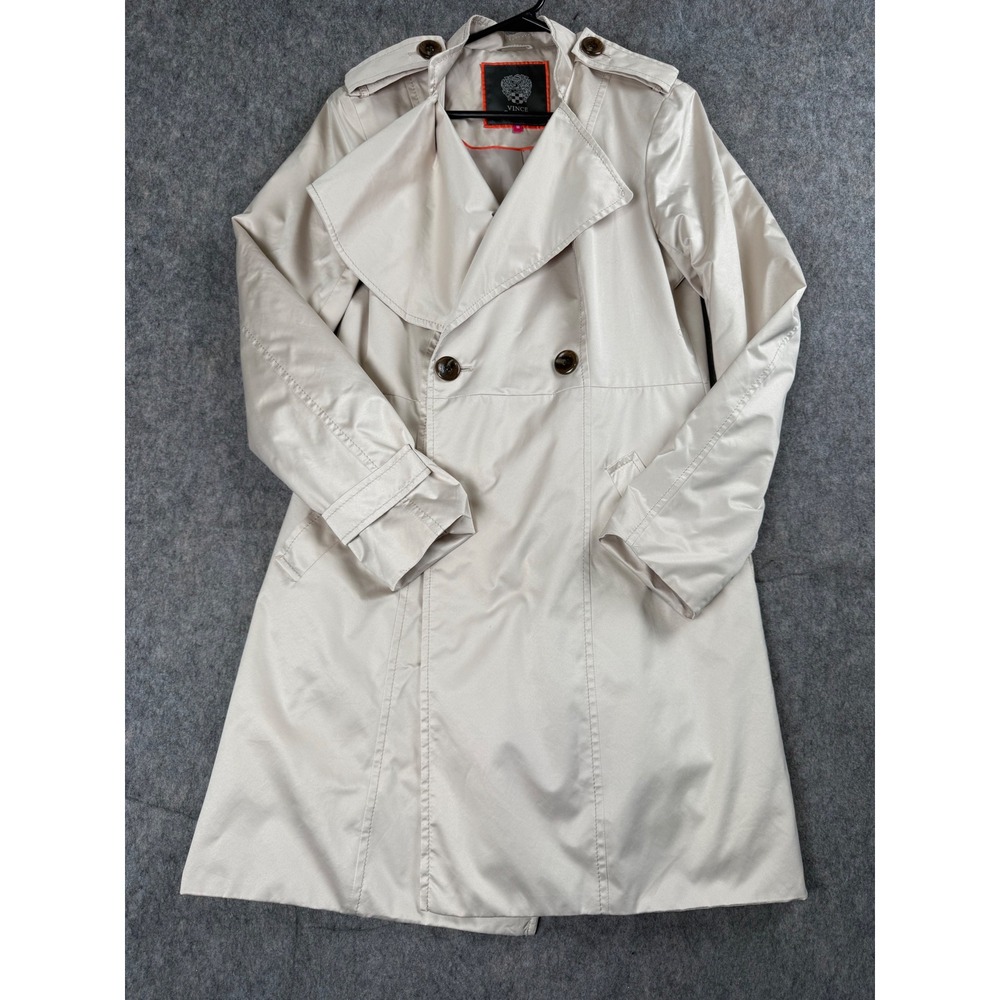 Vince Camuto Trench Coat Women M Beige Satin Double Breasted Belted Classic Chic